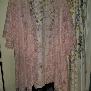 Lula Roe pink lace duster with black fringe, Size Large
